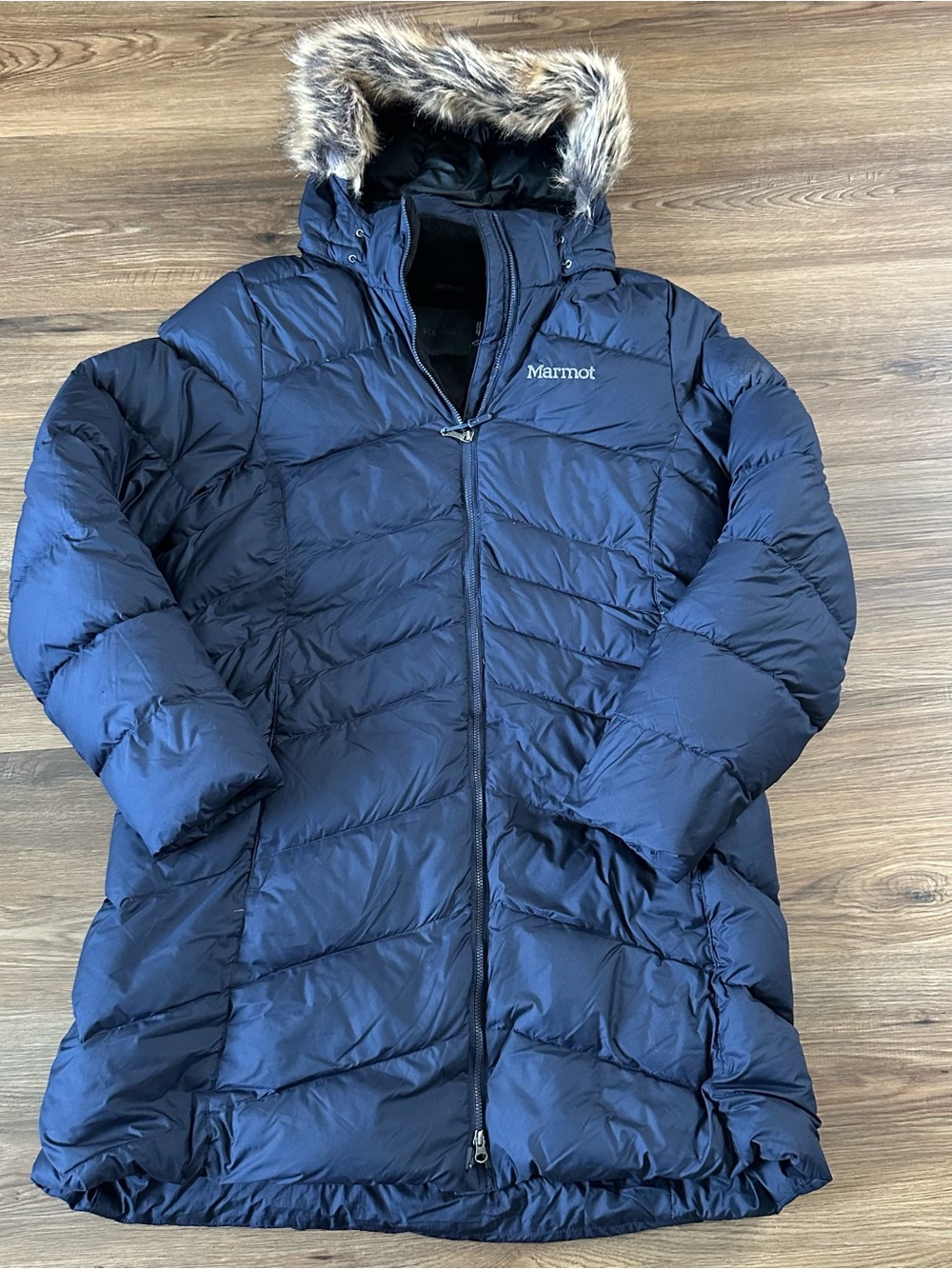 Marmot Montreal Puffer Parka Coat Navy Blue 700 Fill Down Faux Fur Hood Women XL